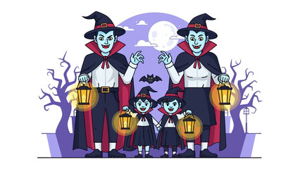 Spooky Halloween: A family dressed up as vampires ready to enjoy halloween, night with spooky bats and the full moon, ready for adventure.