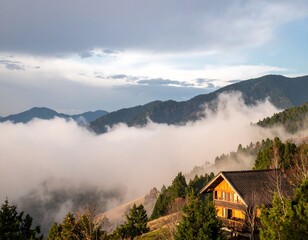 Wooden cabin nestled in a valley shrouded in mist