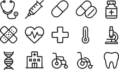 Icon sheet with 15 unique minimal line icons, evenly spaced on white background, bold deep black outlines, no color, no shading, no gradient, clean consistent style, each icon different.