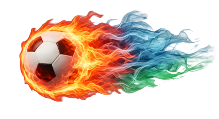 Soccer ball engulfed in vibrant flames and cool water vapor creating a dynamic contrast for sports and design projects with a powerful visual impact