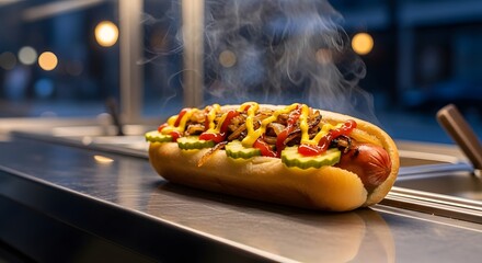 Chicago Style Hot Dog with All the Fixings on a Steaming Grill.