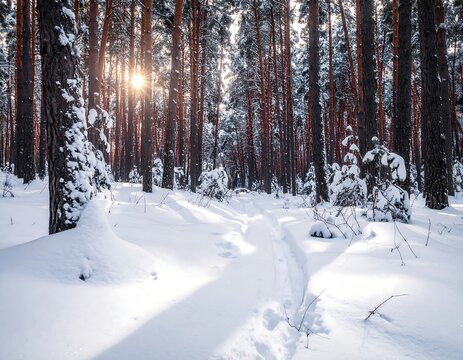 Winter sunbeams on snowy forest path