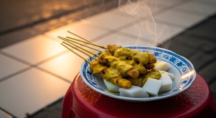 Delicious Indonesian Satay Served with Rice Cakes.