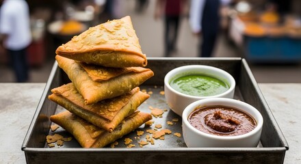 Delicious Samosas with Mint and Tamarind Chutneys.