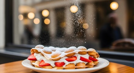 Delicious Strawberry Waffle Delight with Powdered Sugar Drizzle.