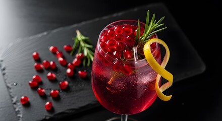 Festive Pomegranate Cocktail with Rosemary and Lemon Twist.