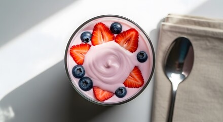 Healthy Berry Yogurt Parfait in a Glass Top View.