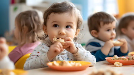 Fototapeta premium Children enjoy breakfast together at a daycare center.