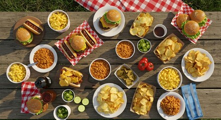 Overhead shot showcasing a delectable spread of classic American barbecue and picnic foods presented on wooden table