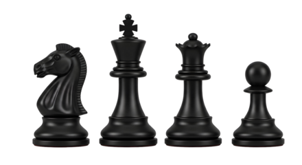 Black chess pieces including knight king queen and pawn arranged for strategy and game concepts and representing intellectual challenge