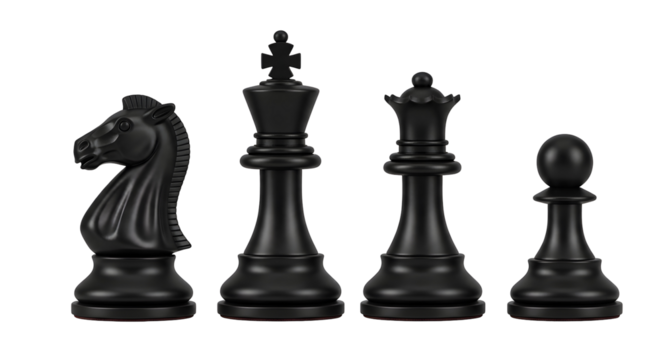 Black chess pieces including knight king queen and pawn arranged for strategy and game concepts and representing intellectual challenge - Powered by Adobe
