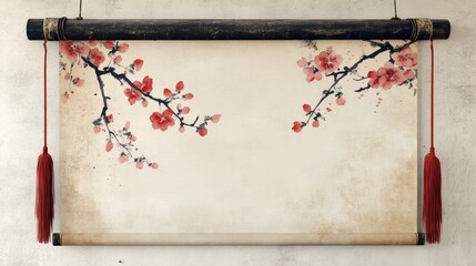 Delicate Floral Asian Scroll Banner with Red Tassels and Artwork