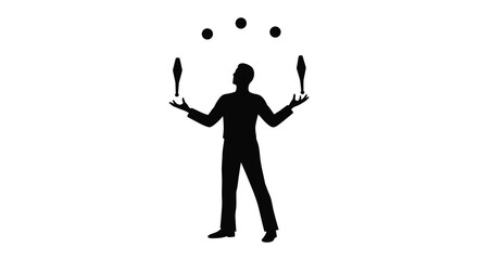 A juggler skillfully manipulates balls in a dramatic pose silhouette