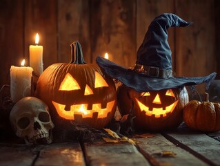 Spooky Halloween Scene with Glowing Jack-o'-Lanterns and Candles