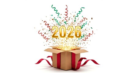 Golden year two thousand and twenty six emerging from a present with confetti and ribbon on white background