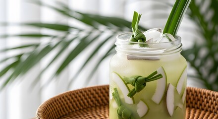 Refreshing Pandan Drink with Coconut and Ice in a Glass Jar.