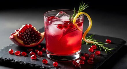 Refreshing Pomegranate Cocktail with Rosemary and Lemon Twist.