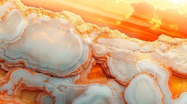 A detailed view of a swirling pattern featuring orange and white marble