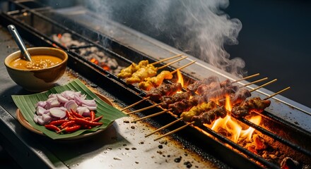 Satay Grill - Aromatic Skewers Cooking Over Open Flames.