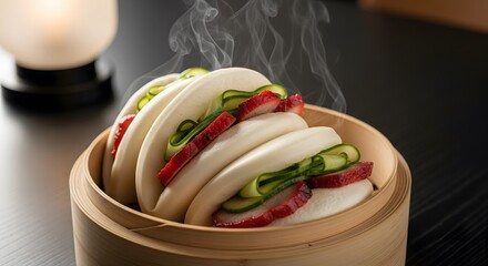 Steaming Gua Bao Buns with Pork Belly and Cucumber.