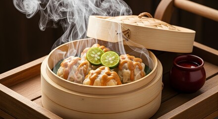 Steaming Siu Mai - A Delicious Dim Sum Delight with Lime.