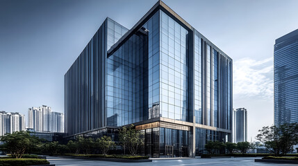 Obraz premium The glass curtain wall of an office building at Shenzhen North Station CBD, China.