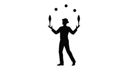 A juggler skillfully tossing objects in the air striking silhouette