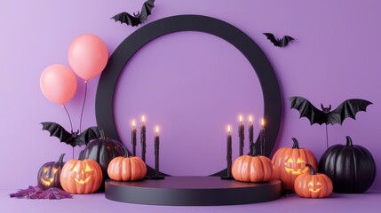 Halloween Stage with Pumpkins, Bats, Candles, and Balloons