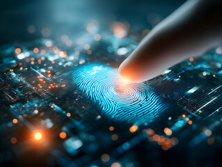 Digital fingerprint biometric security cyber defense data protection access control futuristic glowing blue circuit technology
