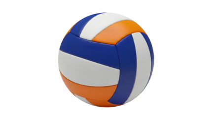 Professional volleyball ball with blue white and orange panels against a solid for sports equipment and athletic competition images