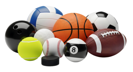 Collection of diverse sports equipment including balls for basketball soccer tennis baseball football and bowling