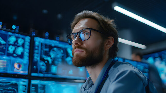 Focused analyst cybersecurity control room blue light glasses beard monitor data technology network security server digital screen dashboard lab