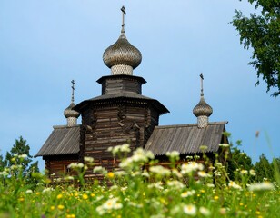 Wooden church in a field of wildflowers