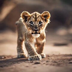 Obraz premium Adorable Lion Cub's First Steps in the Wild