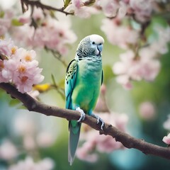 Obraz premium Budgerigar Perched Amidst Delicate Cherry Blossoms in Spring