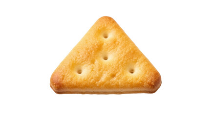 Isolated cheese flavored cracker with small holes, a baked snack for soup or appetizers