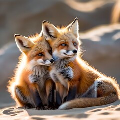 Fototapeta premium Adorable Red Fox Kits Cuddle in Golden Desert Sunlight