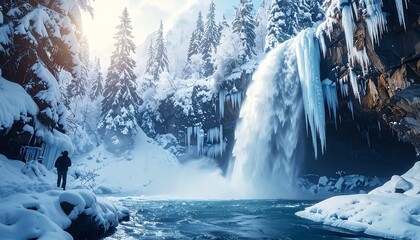 Winter wonderland waterfall scene. Man in snowy gorge