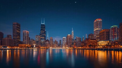 Obraz premium Captivating cityscape at twilight, with vibrant evening lights from towering modern architecture casting shimmering reflections upon the calm nocturnal waters below