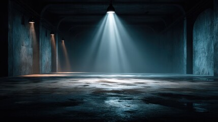 Dark Industrial Room with Three Spotlights Illuminating a Wet Concrete Floor abstract