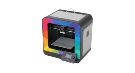 Isolated vibrant 3D printer machine ready to create items from digital designs quickly fast