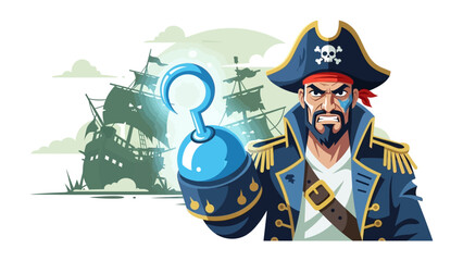 Swashbuckling Pirate: A rugged pirate captain, sporting an eye patch and a distinctive hook hand, stands proudly against the backdrop of his ship, evoking a sense of adventure and mystery.