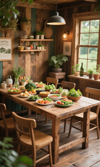 Obraz premium A rustic wooden dining table laden with a vibrant feast of fresh vegetables and healthy salads in a cozy country home