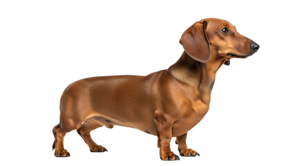 Isolated Dachshund dog is standing attentively looking, side view against no background