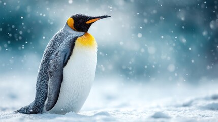 Obraz premium Elegant Emperor Penguin Standing on Snow in Cold Environment with Snowfall
