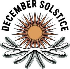 December Solstice T-shirt design, Warm Wishes for the Winter Solstice Greeting card design template in dark blue with decorative sun