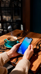 Detalhe de mão feminina com smartfone na mão com a tela virada para a camera para inserção de logo ou propaganda em ambiente comercial descontraido