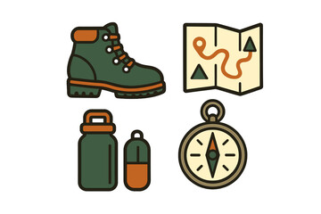 Naklejka premium Essential outdoor adventure equipment including hiking boot, folded map, reusable water bottle, and classic compass