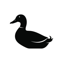 A black silhouette of a mallard duck facing left isolated on white background silhouette
