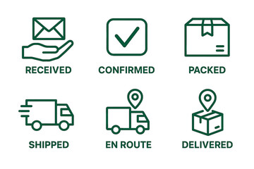 Package delivery process: received, confirmed, packed, shipped, en route, delivered icons